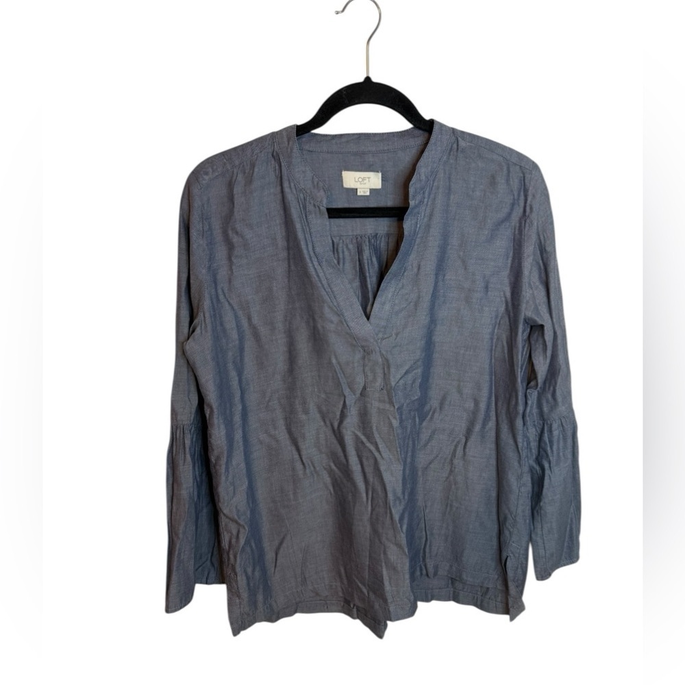 Loft Chambray Coastal Split Neck Bell Sleeve Blouse